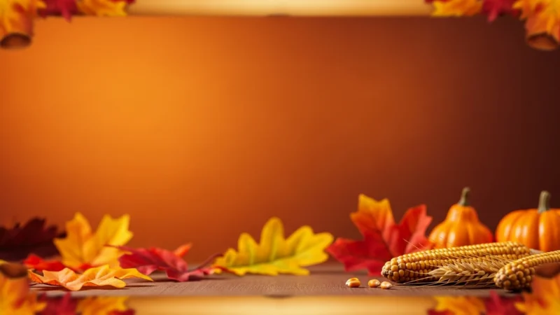 Autumnal arrangement with corn, wheat, mini pumpkins, and colorful fall leaves on wooden surface.