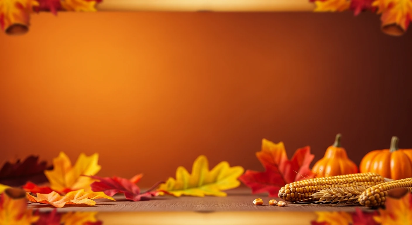 Autumnal arrangement with corn, wheat, mini pumpkins, and colorful fall leaves on wooden surface.