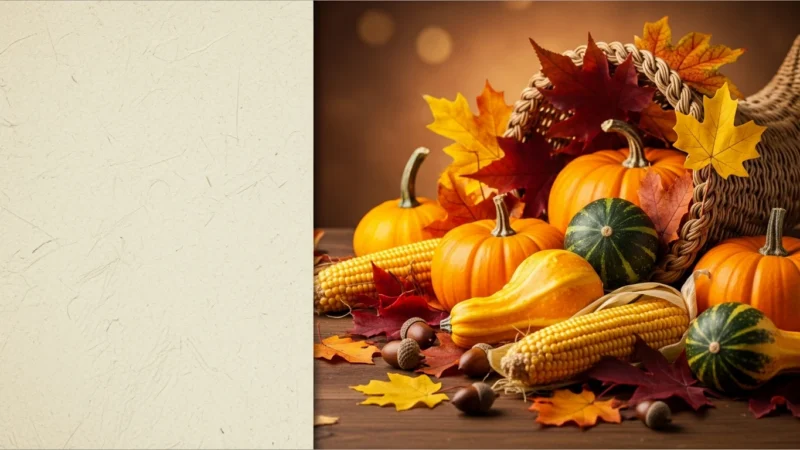 Cornucopia with pumpkins, gourds, corn, autumn leaves, and acorns on wooden surface.