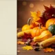 Cornucopia with pumpkins, gourds, corn, autumn leaves, and acorns on wooden surface.