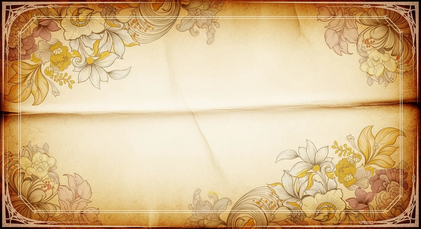 Vintage parchment background with ornate floral corner designs in muted yellow and brown tones.