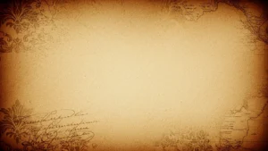 Vintage parchment background with faded floral patterns, cursive script, and map details.