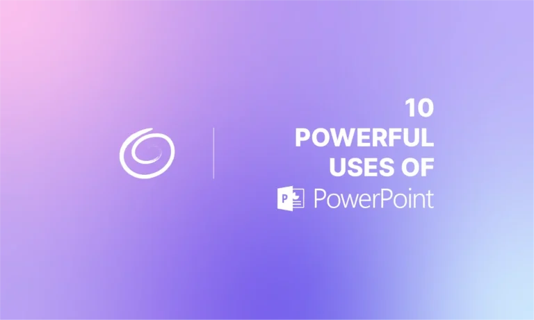 Gradient purple background with text "10 Powerful Uses of PowerPoint" and PowerPoint icon.