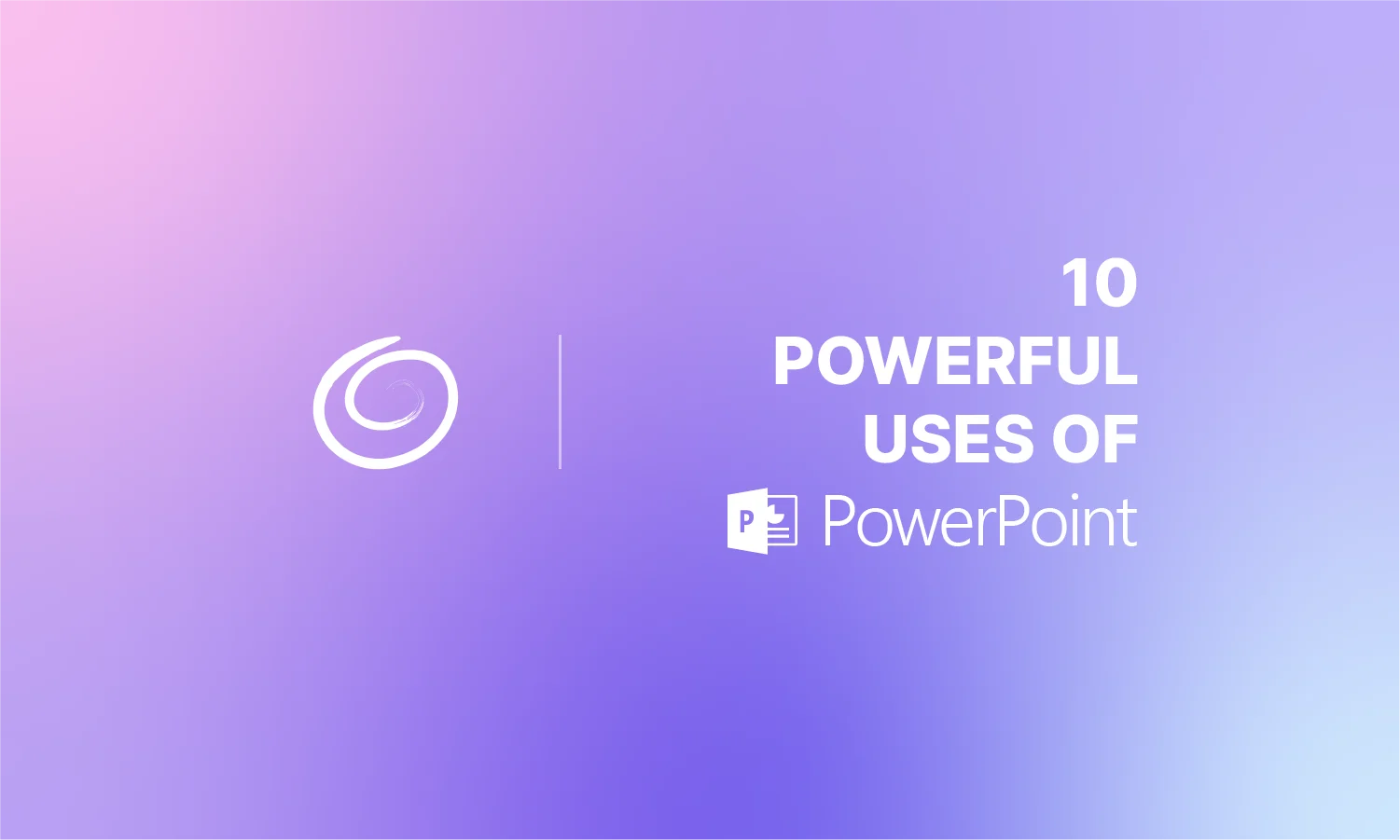 Gradient purple background with text "10 Powerful Uses of PowerPoint" and PowerPoint icon.
