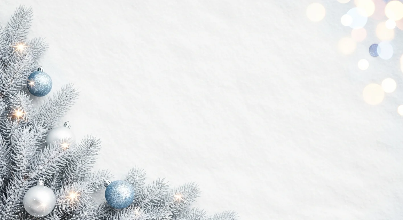 Frosted pine branches with blue and silver baubles and soft glowing lights on white background.