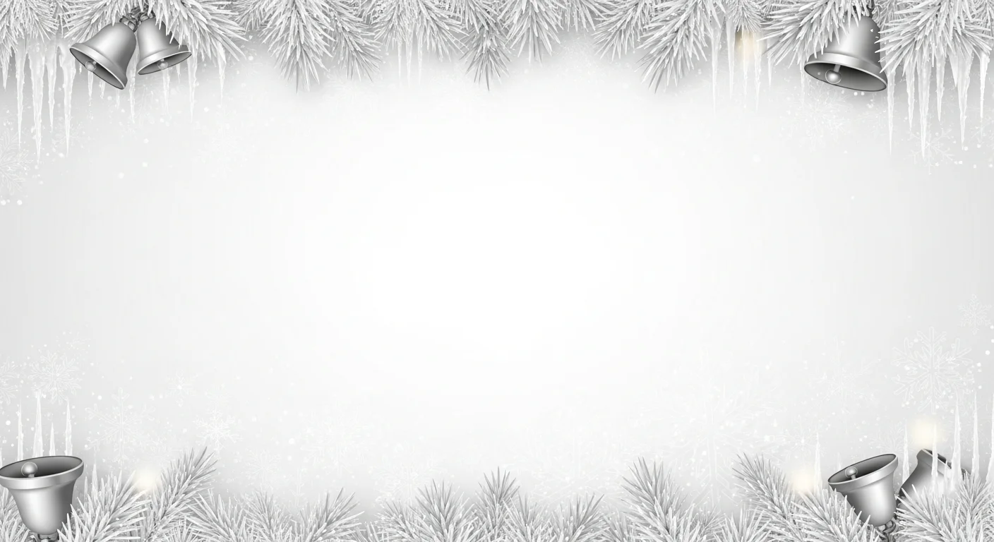Silver Christmas bells and frosted pine branches border a white snowy background.