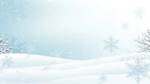 Snow-covered hills under a pale blue sky with large translucent snowflakes and bare trees.