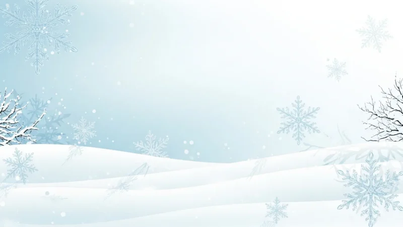 Snow-covered hills under a pale blue sky with large translucent snowflakes and bare trees.