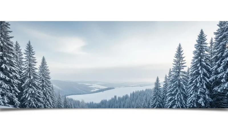 Panoramic winter landscape featuring snow-covered pine trees and rolling hills under a cloudy sky.