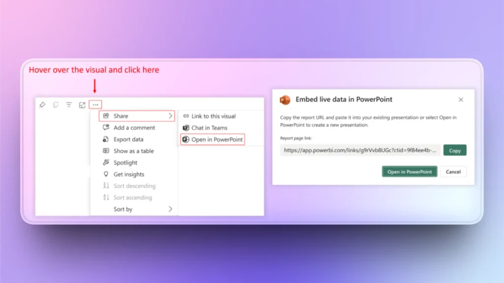 Screenshot showing instructions to open a Power BI visual in PowerPoint with menu options and URL link.