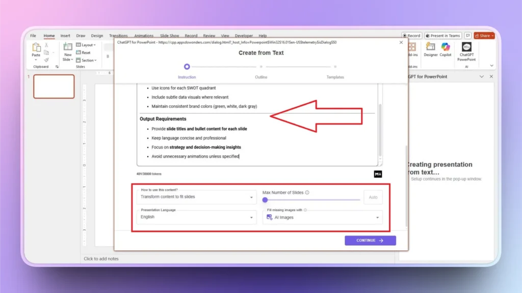 Screenshot of PowerPoint interface with ChatGPT for PowerPoint add-in open, showing text input and slide settings.