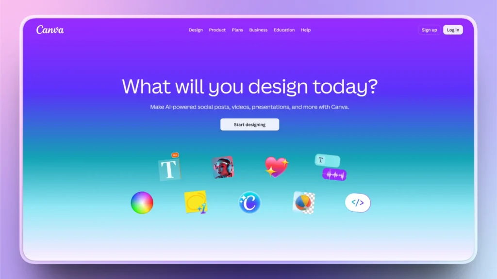 Website homepage with gradient blue-purple background, text "What will you design today?", and colorful design icons.