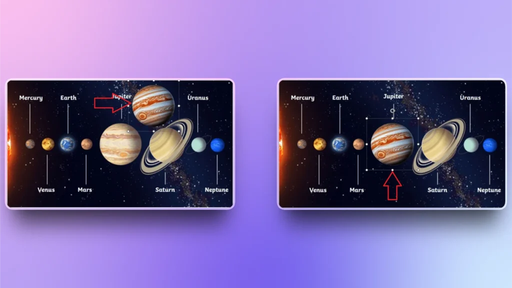 Diagram of the solar system with labeled planets and red arrows highlighting Jupiter.