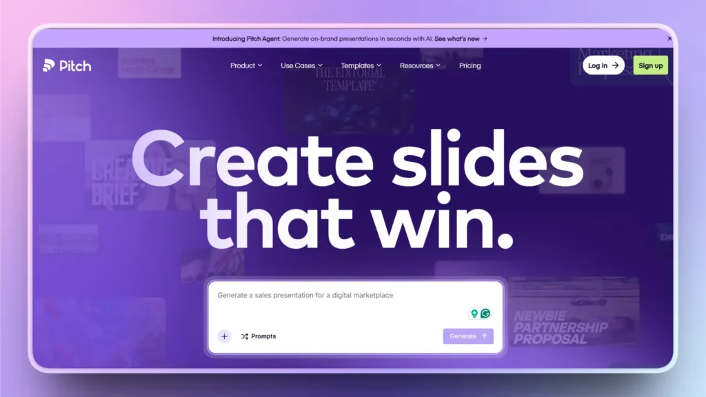 Website homepage screenshot with purple background, large white text "Create slides that win," and navigation menu.