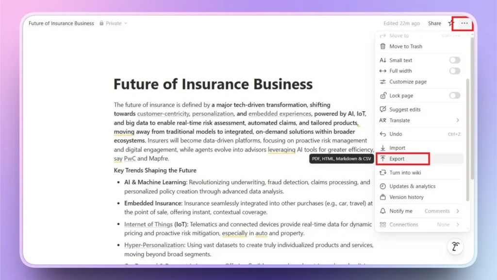Screenshot of a document titled "Future of Insurance Business" with export option highlighted in a dropdown menu.