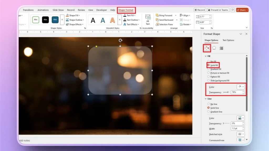 Screenshot of a PowerPoint window showing the Shape Format tab with a semi-transparent rounded rectangle shape selected.