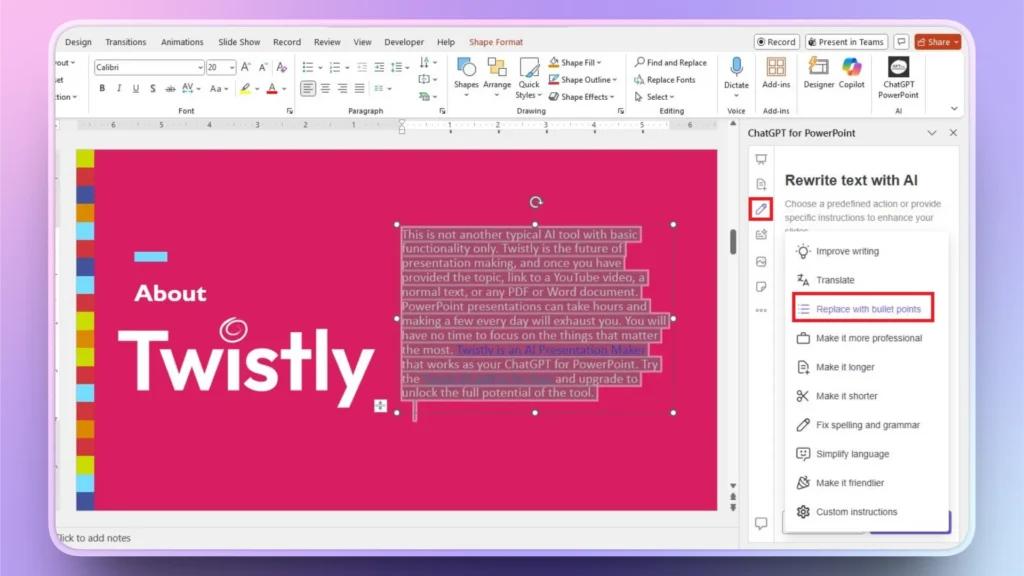 Screenshot of PowerPoint slide editing interface with "About Twistly" presentation slide and ChatGPT for PowerPoint sidebar.