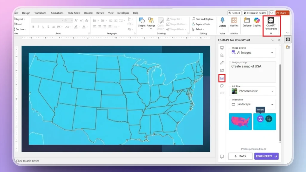 Screenshot of PowerPoint interface displaying a blue map of the USA with ChatGPT PowerPoint AI sidebar.