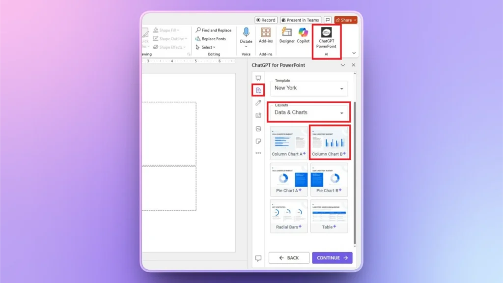 Screenshot of PowerPoint interface showing ChatGPT for PowerPoint add-in with Data & Charts layouts.
