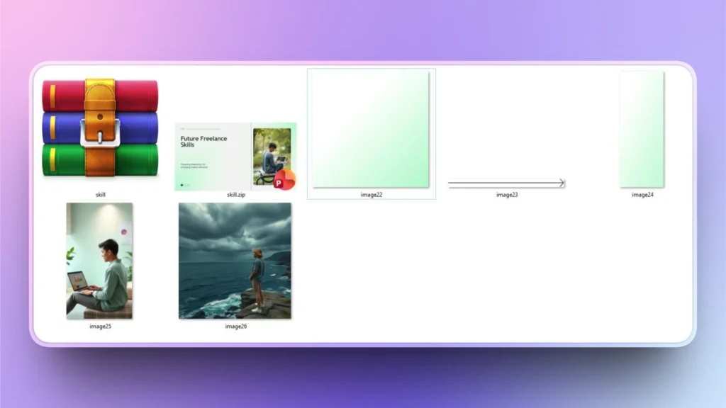 Computer screen displaying various file icons including a colorful zipped folder, a presentation slide, and photos of people.