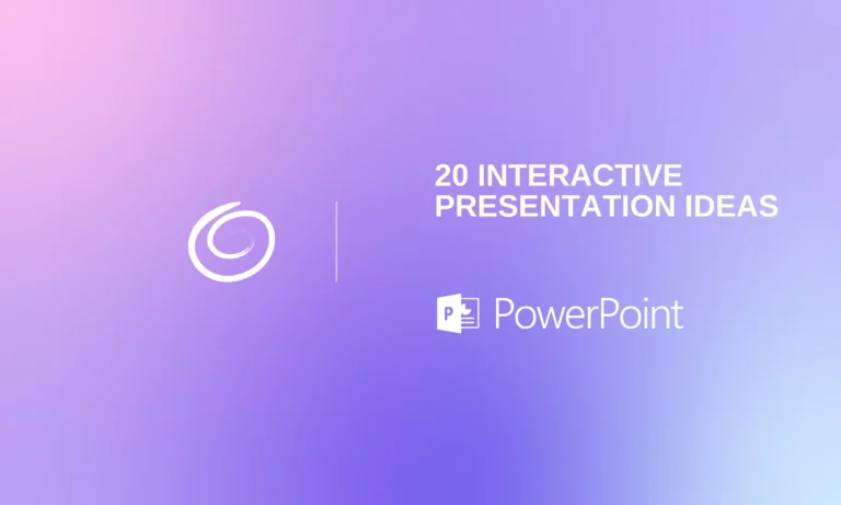 Gradient purple and pink background with text "20 Interactive Presentation Ideas" and PowerPoint logo.
