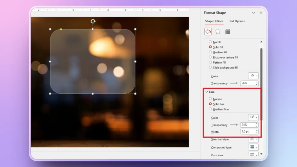 Screenshot of a graphic design software interface showing shape formatting options with a translucent rounded rectangle.