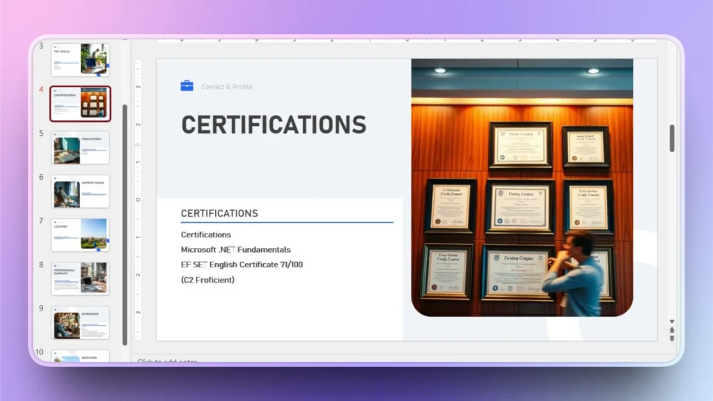Slide titled "CERTIFICATIONS" displaying Microsoft .NET Fundamentals and EF SET English Certificate details alongside a photo of framed certificates on a wooden wall.