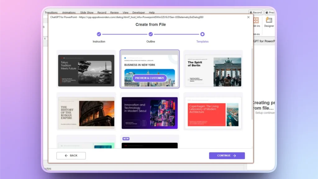 Screenshot of a presentation template selection window featuring city-themed slide designs.