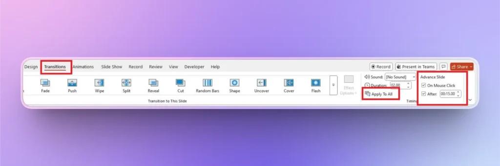 Screenshot of a presentation software toolbar showing the Transitions tab with various slide transition options and timing settings.