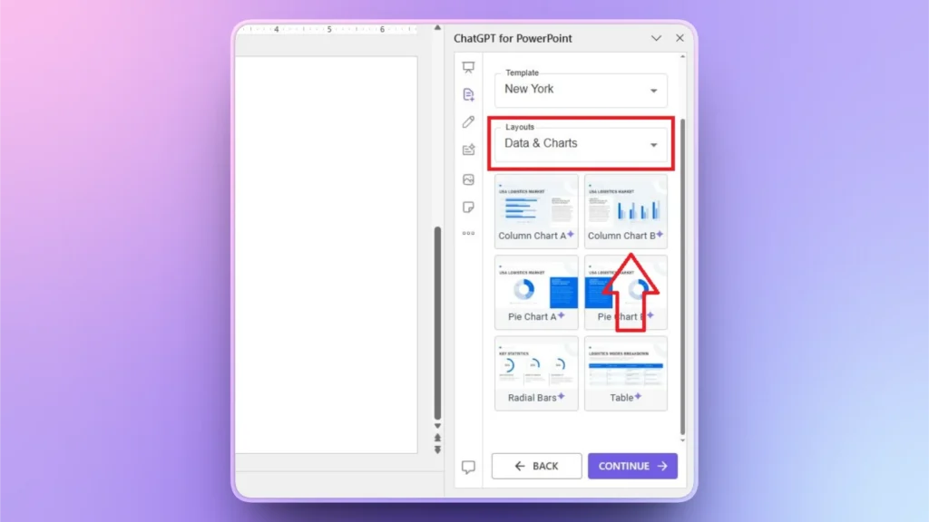 Screenshot of ChatGPT for PowerPoint interface showing "Data & Charts" layout options with a red arrow pointing to a pie chart template.