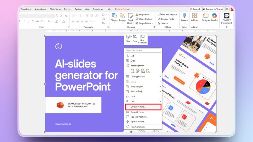 Screenshot of a PowerPoint slide with a purple background and text about AI-slide generator, showing a right-click menu with "Save as Picture" option highlighted.