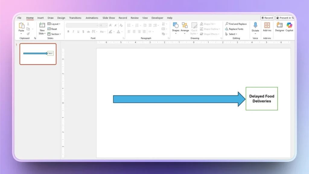 PowerPoint slide with a blue arrow pointing to a text box labeled "Delayed Food Deliveries.