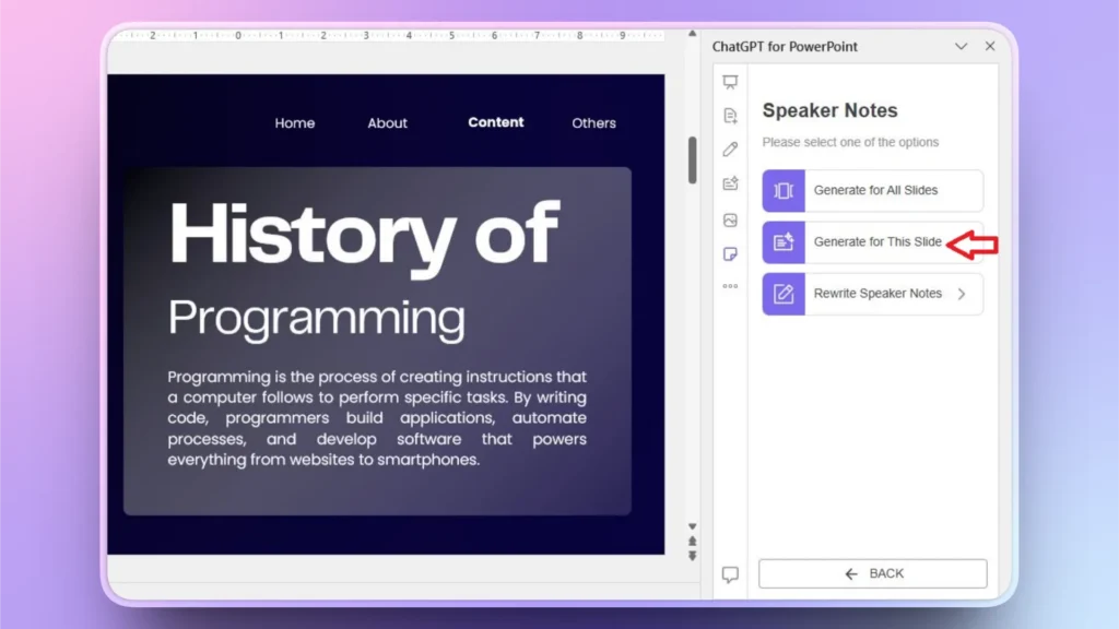 PowerPoint slide titled "History of Programming" with ChatGPT speaker notes sidebar.
