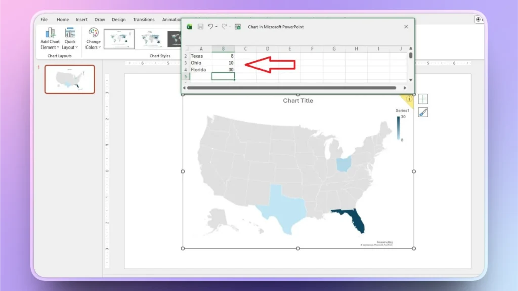Screenshot of Microsoft PowerPoint displaying a US map chart with Texas, Ohio, and Florida highlighted in varying blue shades.