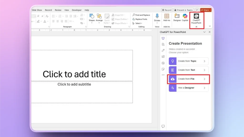 Screenshot of PowerPoint interface with ChatGPT for PowerPoint AI add-in sidebar open.