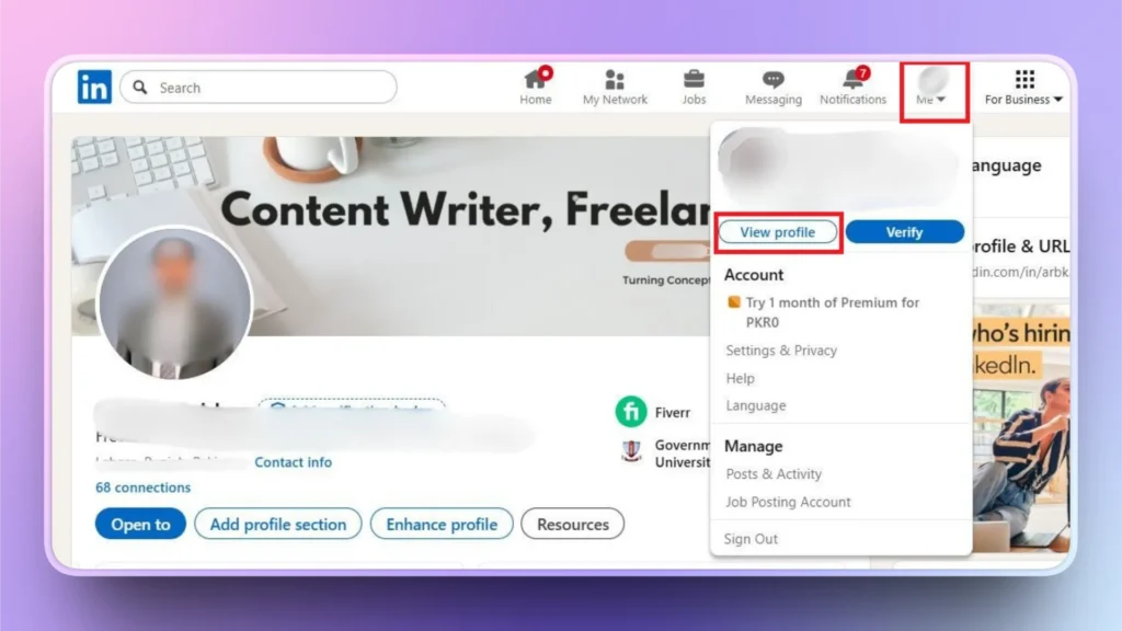 LinkedIn profile page screenshot showing user dropdown menu with "View profile" option highlighted.
