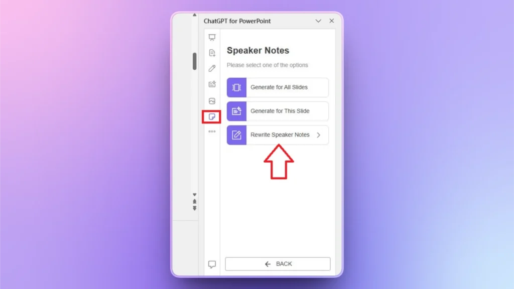 ChatGPT for PowerPoint interface displaying speaker notes options with a red arrow.