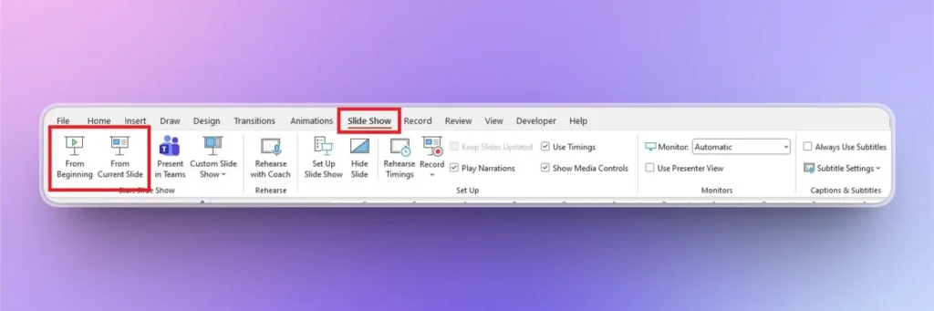 Screenshot of PowerPoint Slide Show tab toolbar with "From Beginning" and "From Current Slide" options highlighted.
