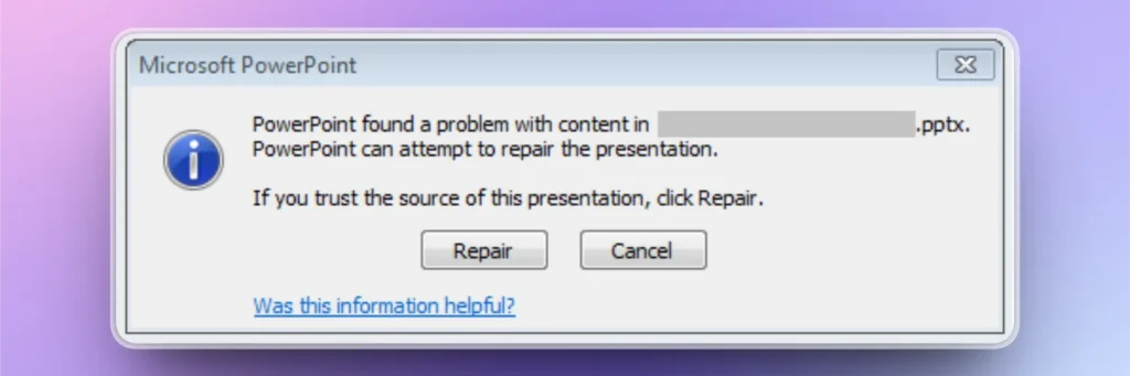 Microsoft PowerPoint error dialog box prompting to repair a corrupted presentation file.