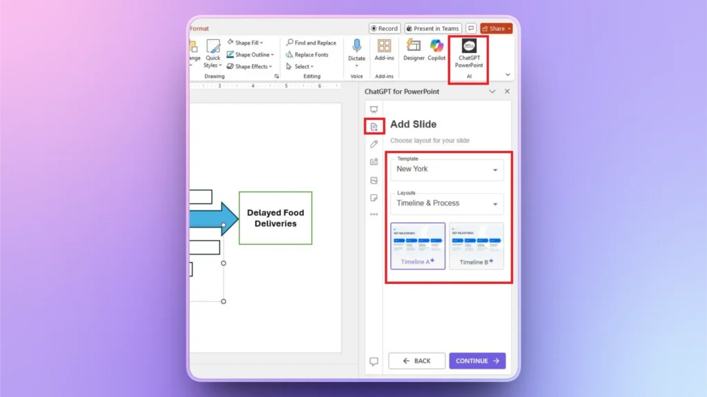 Screenshot of a PowerPoint interface showing ChatGPT PowerPoint AI add-in with slide template options.