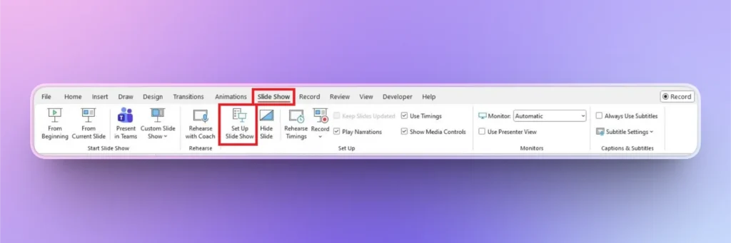 Screenshot of Microsoft PowerPoint Slide Show tab with Set Up Slide Show button highlighted.