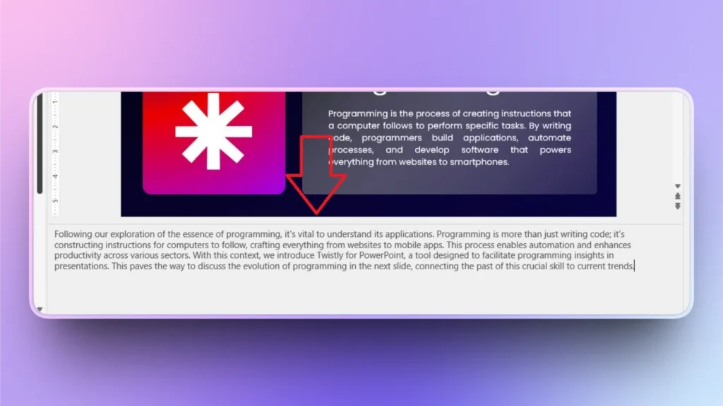 Screenshot of a computer screen displaying programming text with a red arrow pointing downward.