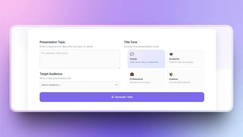 User interface for generating presentation titles with topic input, audience selection, and tone options.