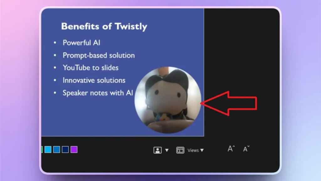 Screenshot of a presentation slide titled "Benefits of Twistly" with a blue background, white text listing five benefits, and a circular video thumbnail showing a doll.