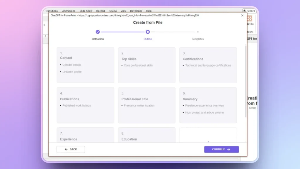 Screenshot of a software interface showing a "Create from File" outline with sections for Contact, Top Skills, Certifications, Publications, Professional Title, Summary, Experience, and Education.