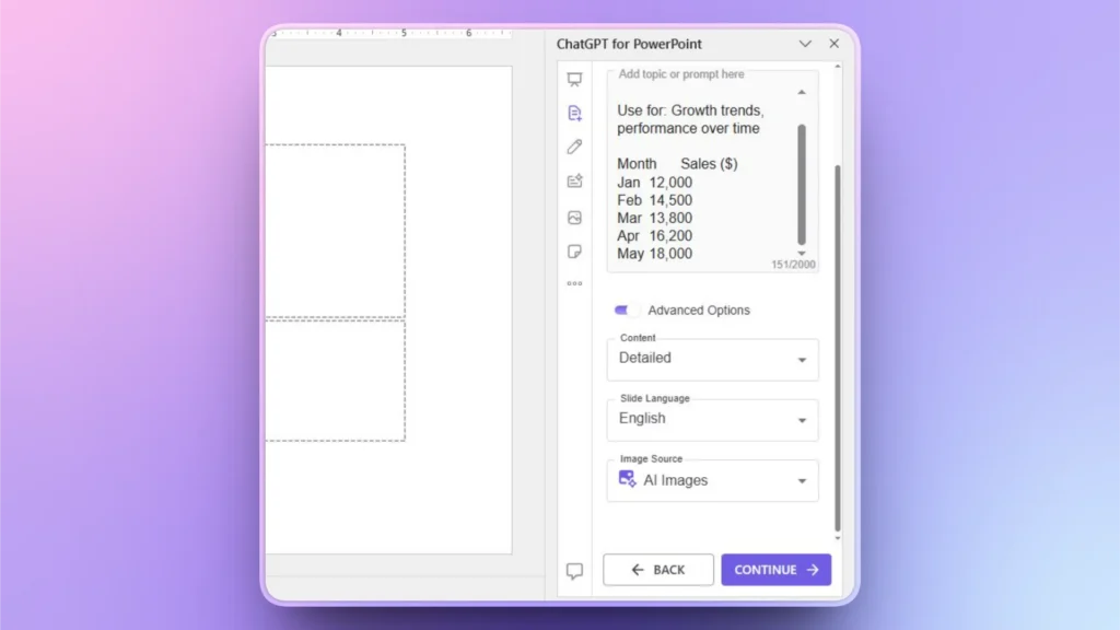 Screenshot of ChatGPT for PowerPoint interface displaying a sales growth prompt and advanced options panel.