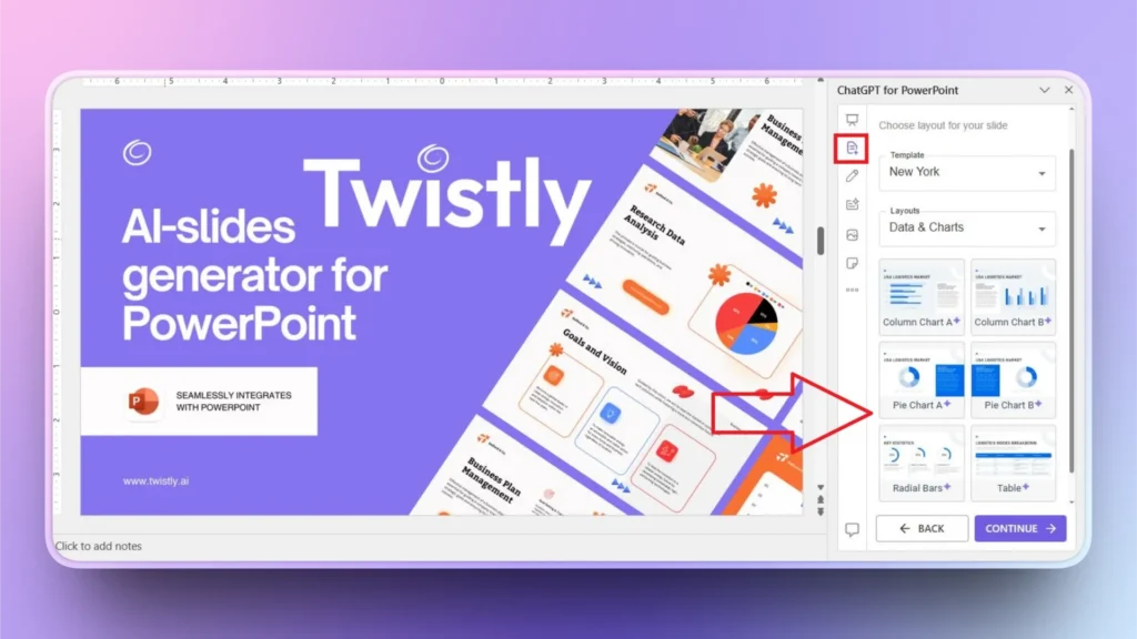 Screenshot of Twistly AI-slides generator interface integrated with PowerPoint, displaying slide templates and chart layout options.