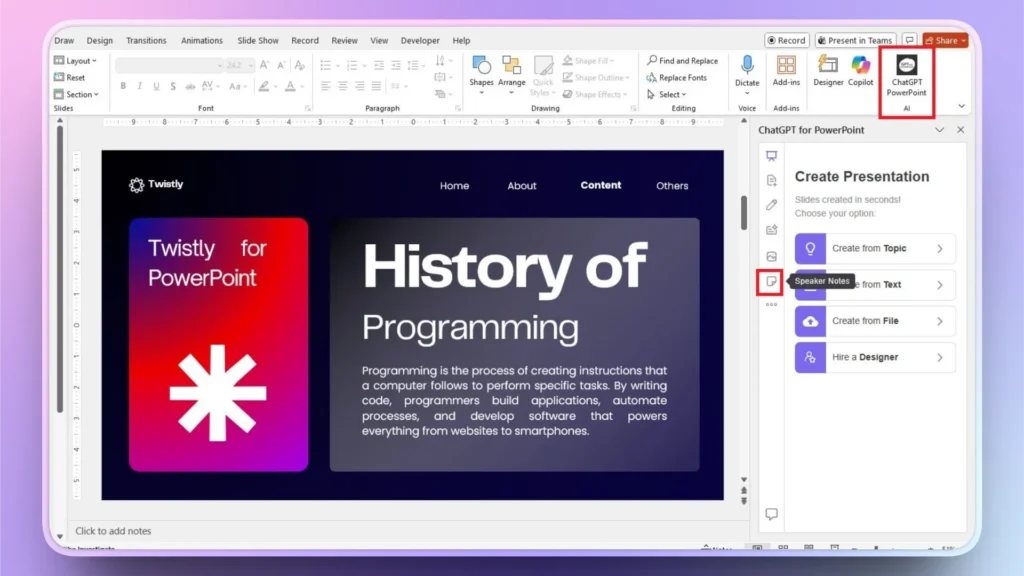 Screenshot of PowerPoint with ChatGPT PowerPoint AI add-in sidebar, slide titled "History of Programming.