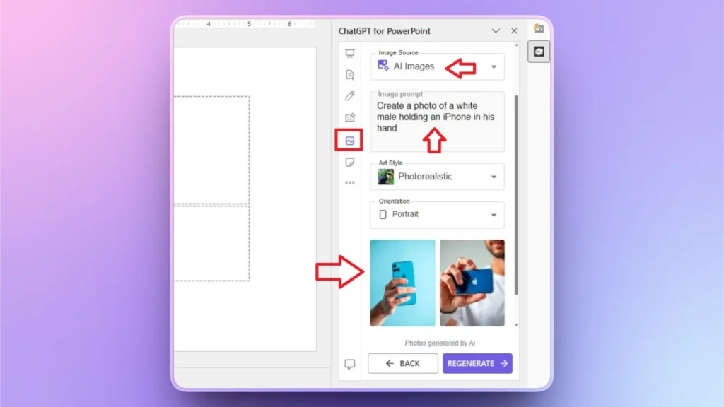 Screenshot of ChatGPT for PowerPoint interface showing AI image generation prompt and sample photos.