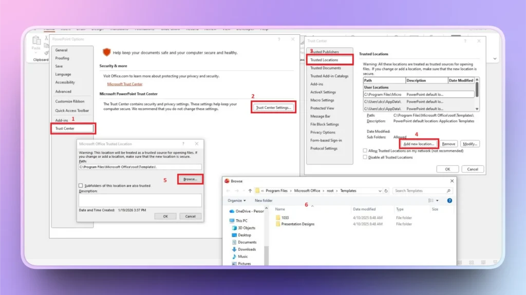 Screenshot of Microsoft PowerPoint Trust Center settings with highlighted options for adding trusted locations and browsing file directories.